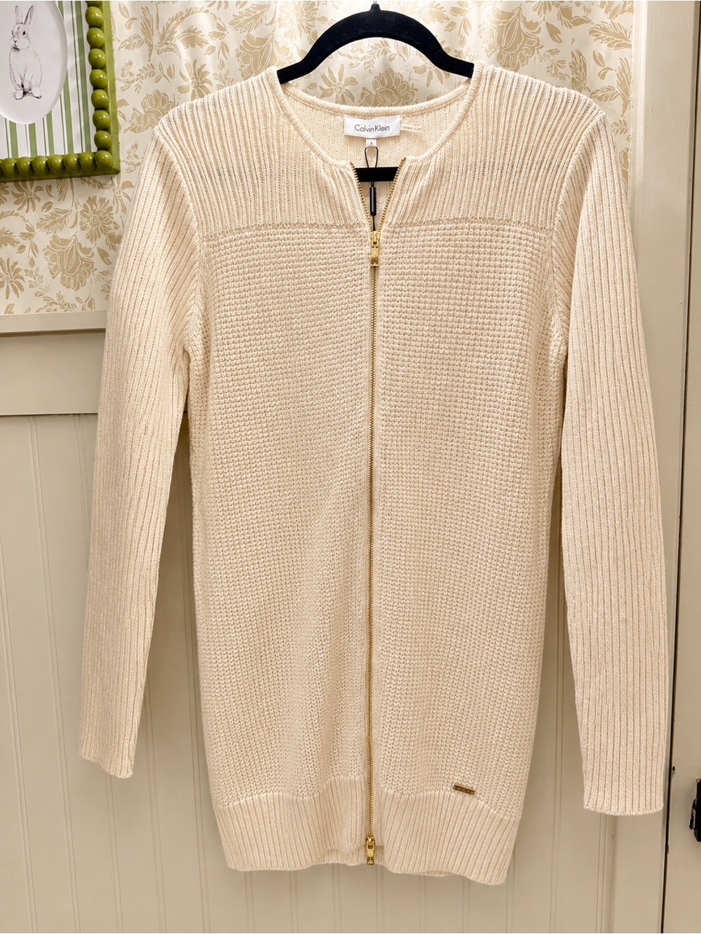 Calvin Klein Cream Zip-Front Knit Cardigan